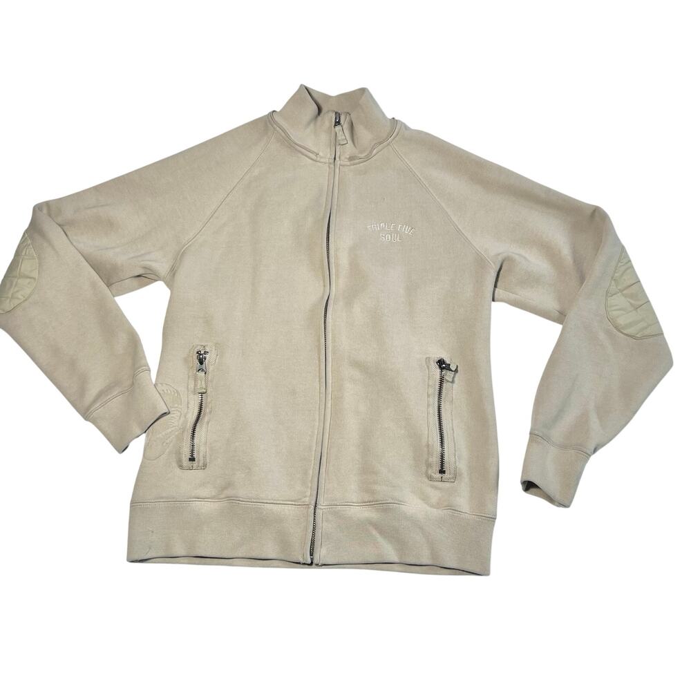 Vintage Triple Five Soul Sweater Mens Large Khaki Elbow Patches Full Zip Y2K